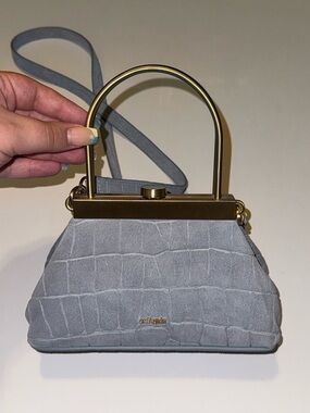 cult gaia dusty blue Croc-Embossed Mini Bag with Gold Handle